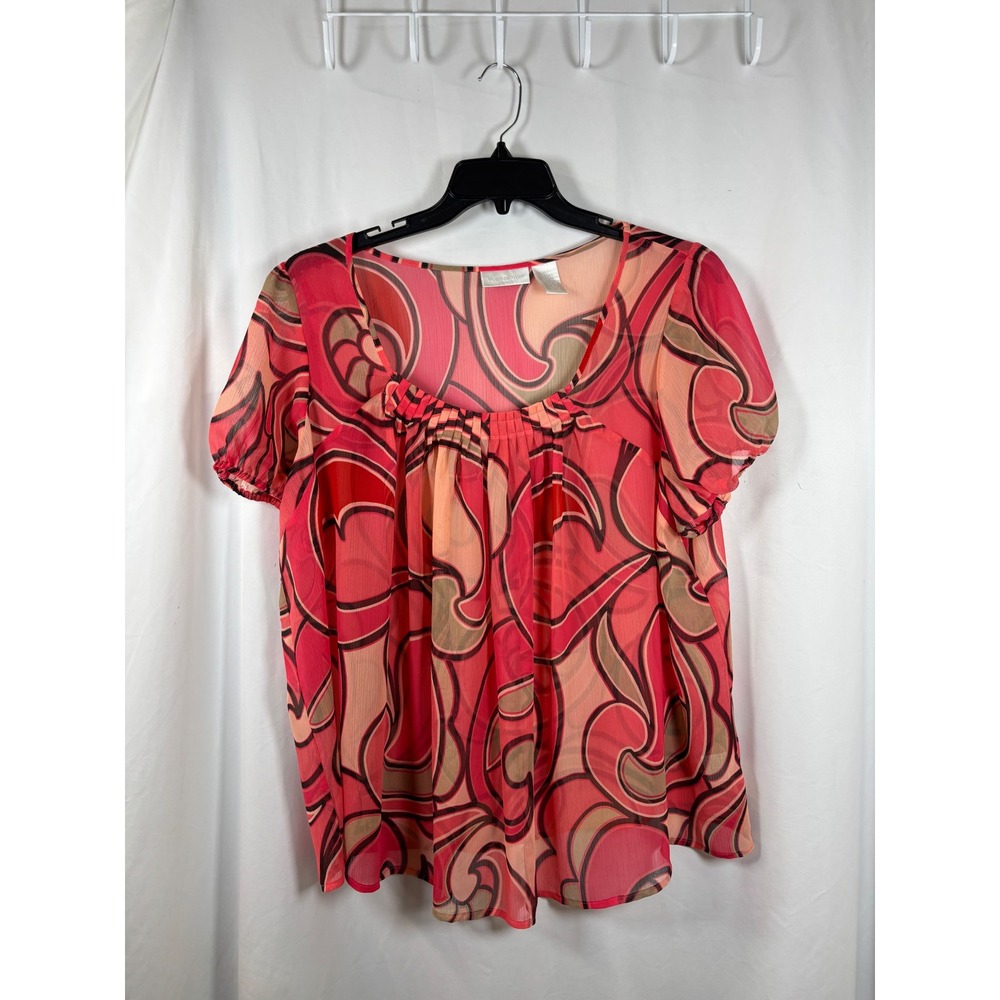Worthington Woman Pink Orange Abstract Swirl Chiffon Pleated Blouse 1X Plus Size